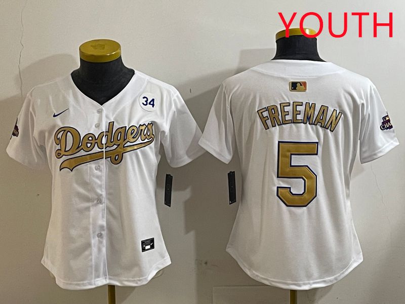 Youth Los Angeles Dodgers 5 Freeman White Champion gold character 2025 Nike MLB Jersey style 4125